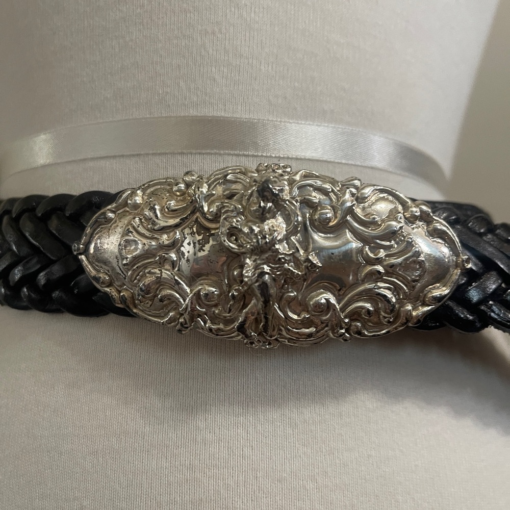 VTG Black Braided Leather Belt with Ornate Angel Cherub Silver Buckle - Picture 2 of 3